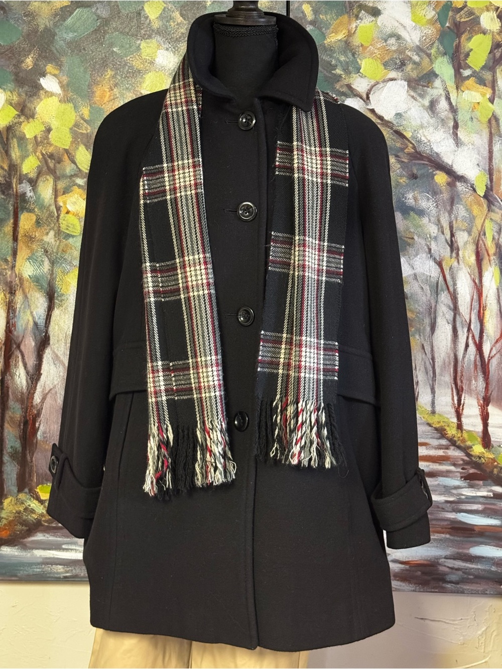 London Fog Black Wool Blend Coat with Plaid Scarf Size L NWOT